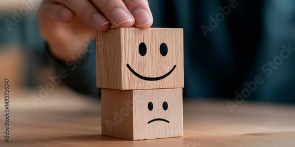 Fototapeta Changing Mood Concept with Wooden Blocks Showing Happy and Sad Faces

