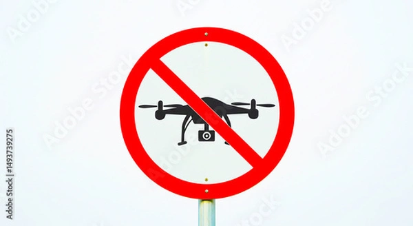 Fototapeta A no drone zone sign with a red circle and a drone silhouette on a white background outdoors in daytime