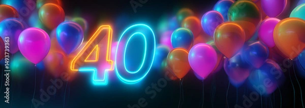 Fototapeta 40th birthday card background with balloons; neon design with number and copy space; concept forty festive birthday / anniversary celebration; black backdrop