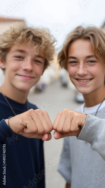 Fototapeta Teen boys performing synchronized handshake gesture in casual outdoor setting