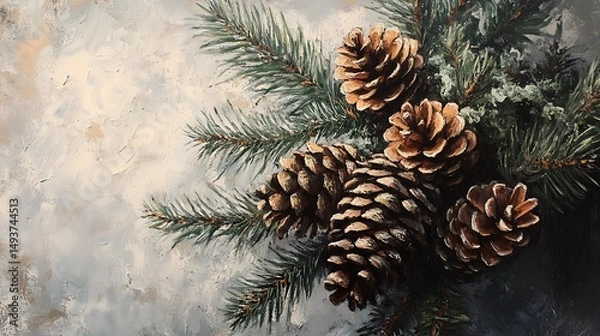 Obraz Decorative pine cones and branches on a textured background.