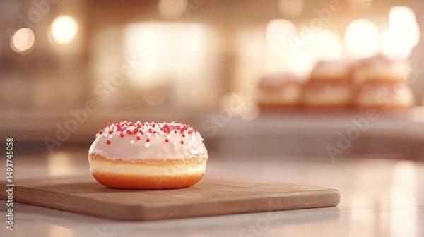 Obraz Brightly lit donut with red and white sprinkles rests on wooden board, showcasing its glaze, with a blurred background of more donuts creating depth