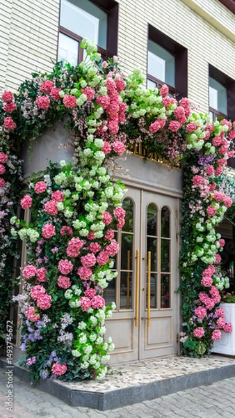 Fototapeta Entrance to building is decorated with garland of artificial flowers of hydrangeas and geraniums. Street decor of entrance group. Summer wedding decor. Vertical image