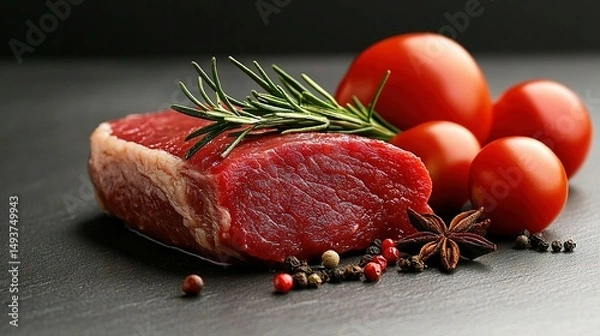 Fototapeta  A slab of meat resting beside juicy tomatoes and fragrant pepper