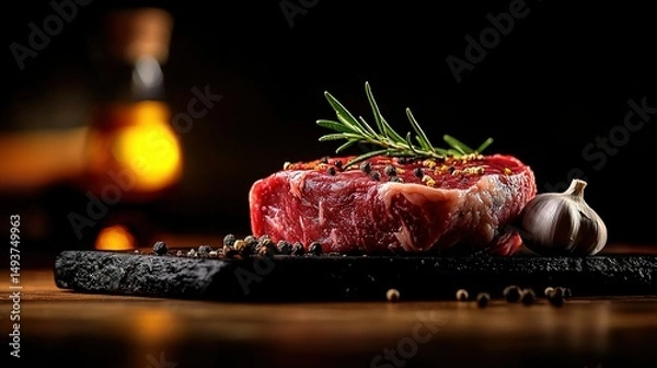 Fototapeta   Raw meat atop cutting board with adjacent garlic & pepper sprig