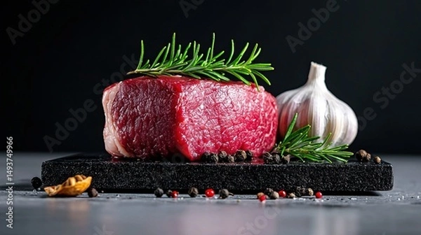 Fototapeta   Raw meat resting on a cutting board alongside garlic and pepper sprigs
