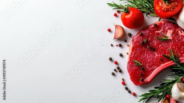 Fototapeta   A juicy piece of raw meat encircled with aromatic spices, vibrant tomatoes, pungent garlic, and fiery pepper, set against a pristine white
