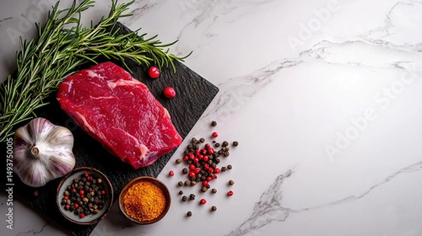Fototapeta   A slab of meat resting on a cutting board with surrounding spices and garlic & pepper