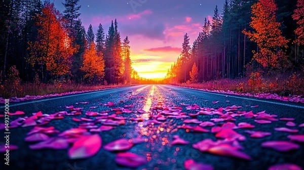 Fototapeta   The sun sets on a leaf-strewn road next to tree-lined surroundings