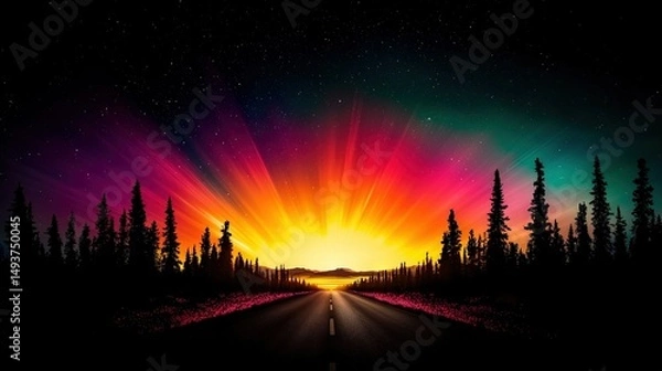 Fototapeta   Sunset on road with trees in fg, star-filled sky in bkg