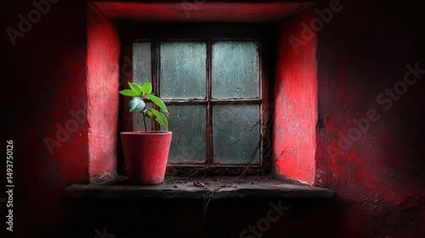 Fototapeta   A potted plant sits on a window sill, facing a red-painted wall and a window pane
