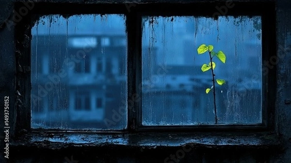 Fototapeta   A plant growing from a rundown building window in a city at night