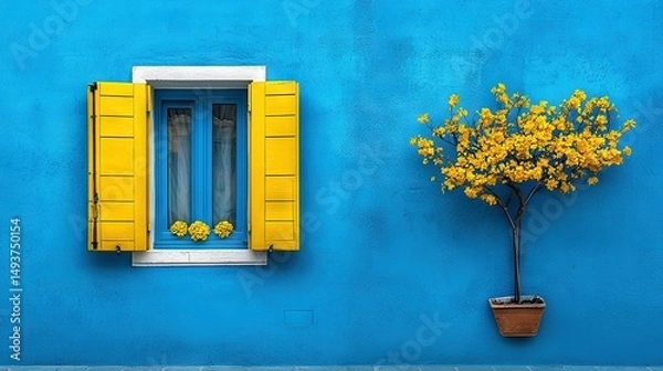 Fototapeta  A blue building boasts yellow shutters and a potted plant adorned with yellow flowers on its side