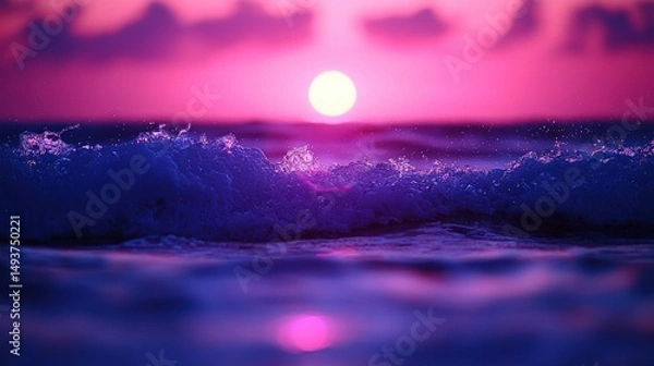Fototapeta   A close-up photo of an ocean wave, with the sun setting behind it and the water in front