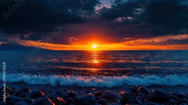 Fototapeta   A stunning sunset scene featuring a body of water with rocks, a mountain in the distance, and clouds above
