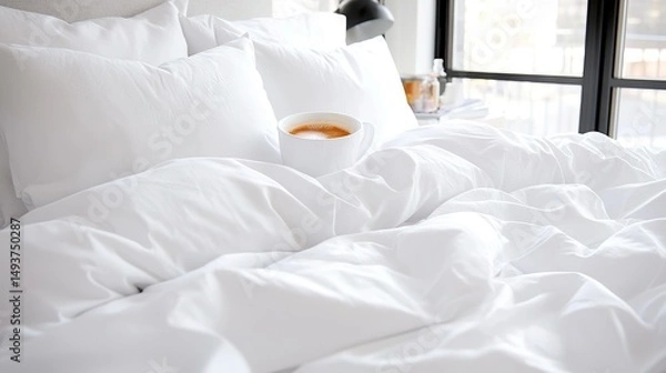 Fototapeta   A coffee cup on a white comforter, beside a bed with a window in the background