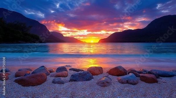 Fototapeta   A sunset over a rocky shore with distant mountains in the background