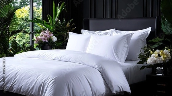 Fototapeta  Bed with white comforter, pillows & plants/flowers on side