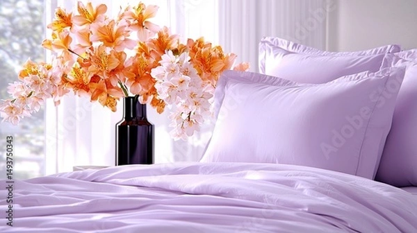 Fototapeta   A vase overflowing with vibrant flowers rests atop a bed, alongside two pillows and a solitary pillow perched above