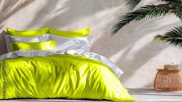 Fototapeta   A cozy bedroom with a sunny yellow comforter, a vibrant potted plant, and a rustic wicker basket on the floor