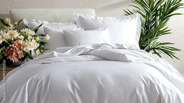 Fototapeta   A comforter-covered bed surrounded by a table adorned with an array of bouquets in a vase