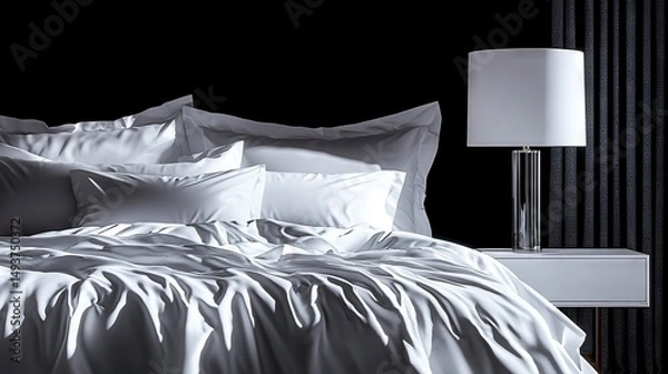 Fototapeta   A monochrome image of a bed with a white duvet and two table lamps positioned beside it