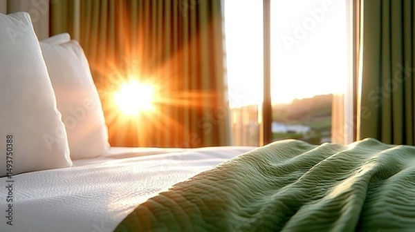 Fototapeta   The sun illuminates the room through the curtains, casting light on a bed positioned near the window