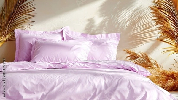 Fototapeta  A bedroom adorned with pink bedding, plush pillows, and palm leaf decorations on the walls In the corner, a vibrant plant adds life to