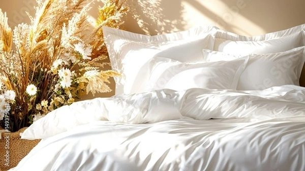 Fototapeta   A close-up image of a bed with multiple pillows and a vase of flowers beside it