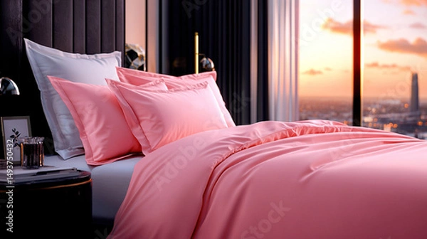 Fototapeta  A pink comforter and pillows adorn a cozy bed, framed by a window showcasing a breathtaking cityscape