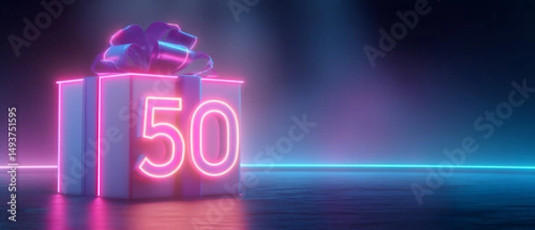 Fototapeta pink, blue & black square 50th birthday card background; neon design with number and copy space; concept festive birthday / anniversary celebration; black backdrop