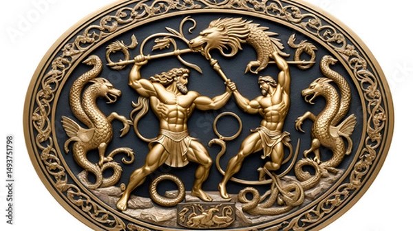 Fototapeta Hercules kills the Lyrna Hydra. 12 exploits of Hercules. Oval medallion isolated on a white background.