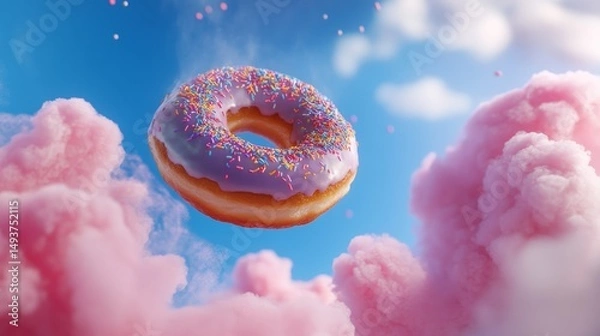 Obraz A colorful donut appears to float in a bright blue sky surrounded by fluffy clouds, showcasing its vibrant icing and sprinkles for a surreal dessert moment