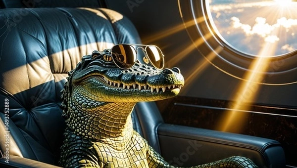 Fototapeta Alligator Flying in Jet with Sunglasses