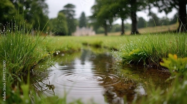 Obraz Raindrops ripple in tranquil meadow pool