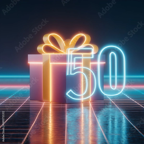 Fototapeta modern 50th birthday card background; neon design with number and copy space; concept festive birthday / anniversary celebration; black backdrop