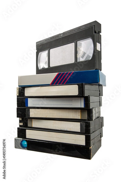 Fototapeta Stack of old VHS tapes with blank labels, isolated on transparent background.