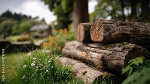 Obraz Rustic timber logs amidst serene greenery