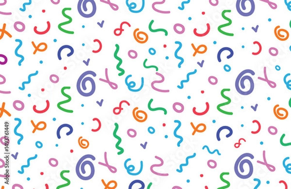 Obraz Memphis geometric seamless pattern. Abstract modern background with circles, curves, short rounded lines and dots. 