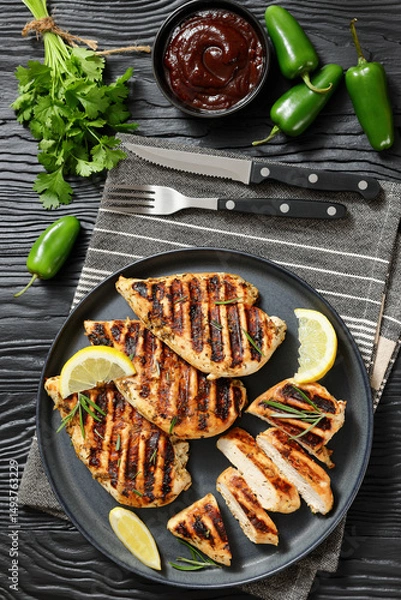 Obraz grilled chicken breast with lemon on a plate