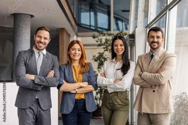 Fototapeta Corporate portrait of leaders standing at enterprise office with arms crossed and smiling at camera.