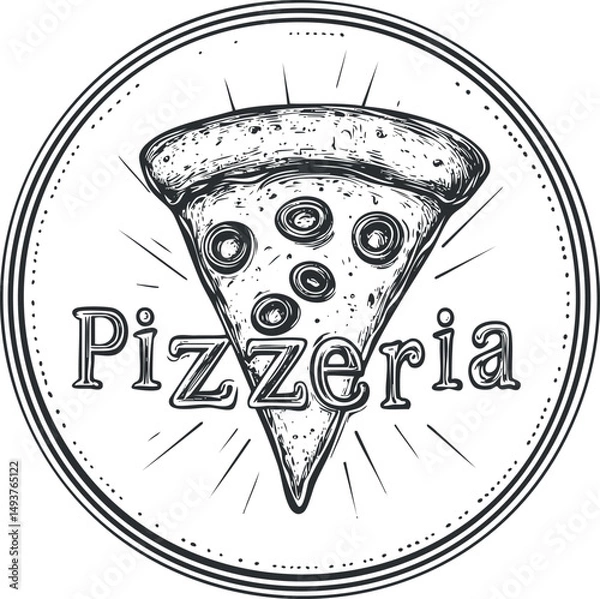Obraz Black and white hand-drawn pizza slice logo with pizzeria text in circular vintage style badge