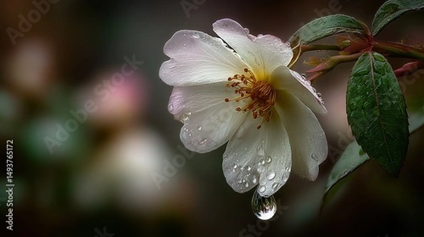 Fototapeta   White petaled flower drips water droplets, while green leaf rests in foreground