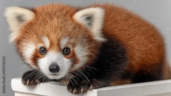 Fototapeta   A red panda's tearful gaze from a white ledge