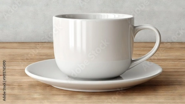 Fototapeta   A white coffee cup rests atop a wooden table, with a saucer underneath and another saucer on top