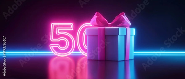 Obraz pink 50 number and three-dimensional gift box isolated over black background; concept of birthday, anniversary, fifty percent deal discount