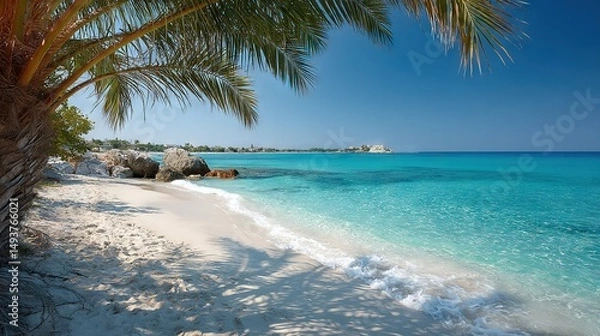 Fototapeta   Blue water & palm tree in fg, white sand beach in bg