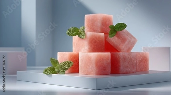 Fototapeta   A white plate with watermelon cubes on top sits near a mint leaf