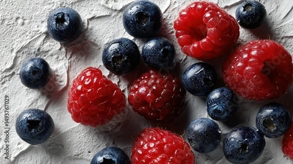 Fototapeta   Berries  are displayed on paper with water droplets present