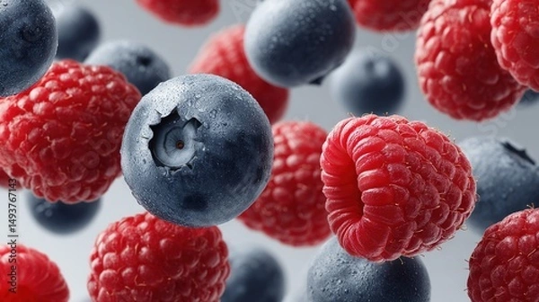Fototapeta   Blueberries and raspberries with a bite taken out of one